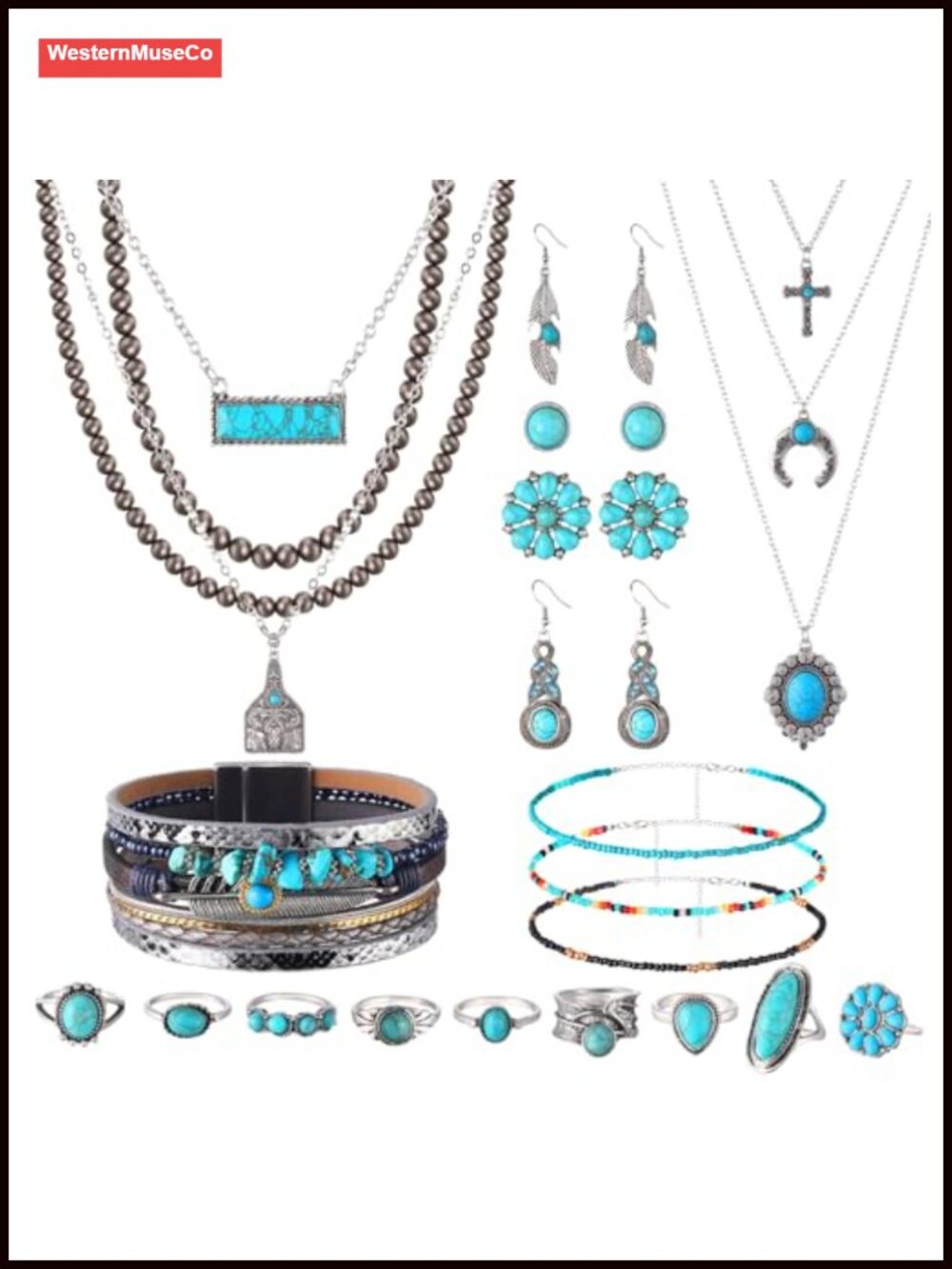 Bohemian Turquoise Jewelry Set Alloy Faux Leather Necklaces Earrings Rings